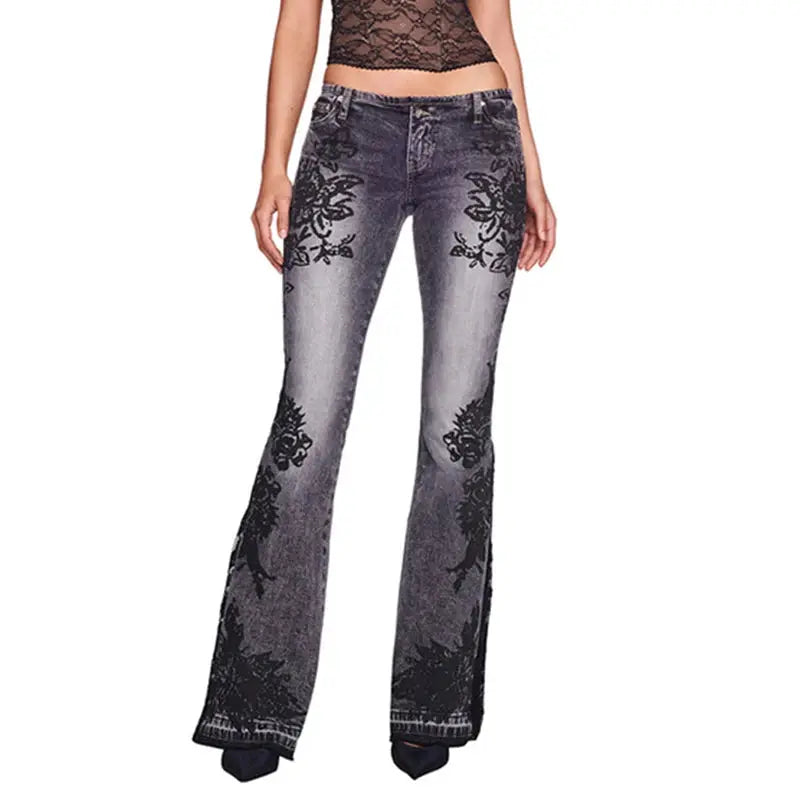 SUCHCUTE Vintage Plant Printed Flared Jeans Y2K