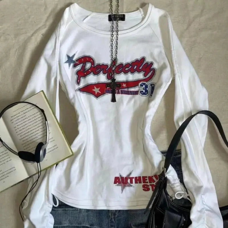 Long Sleeve Print T-Shirts Women Slash Neck