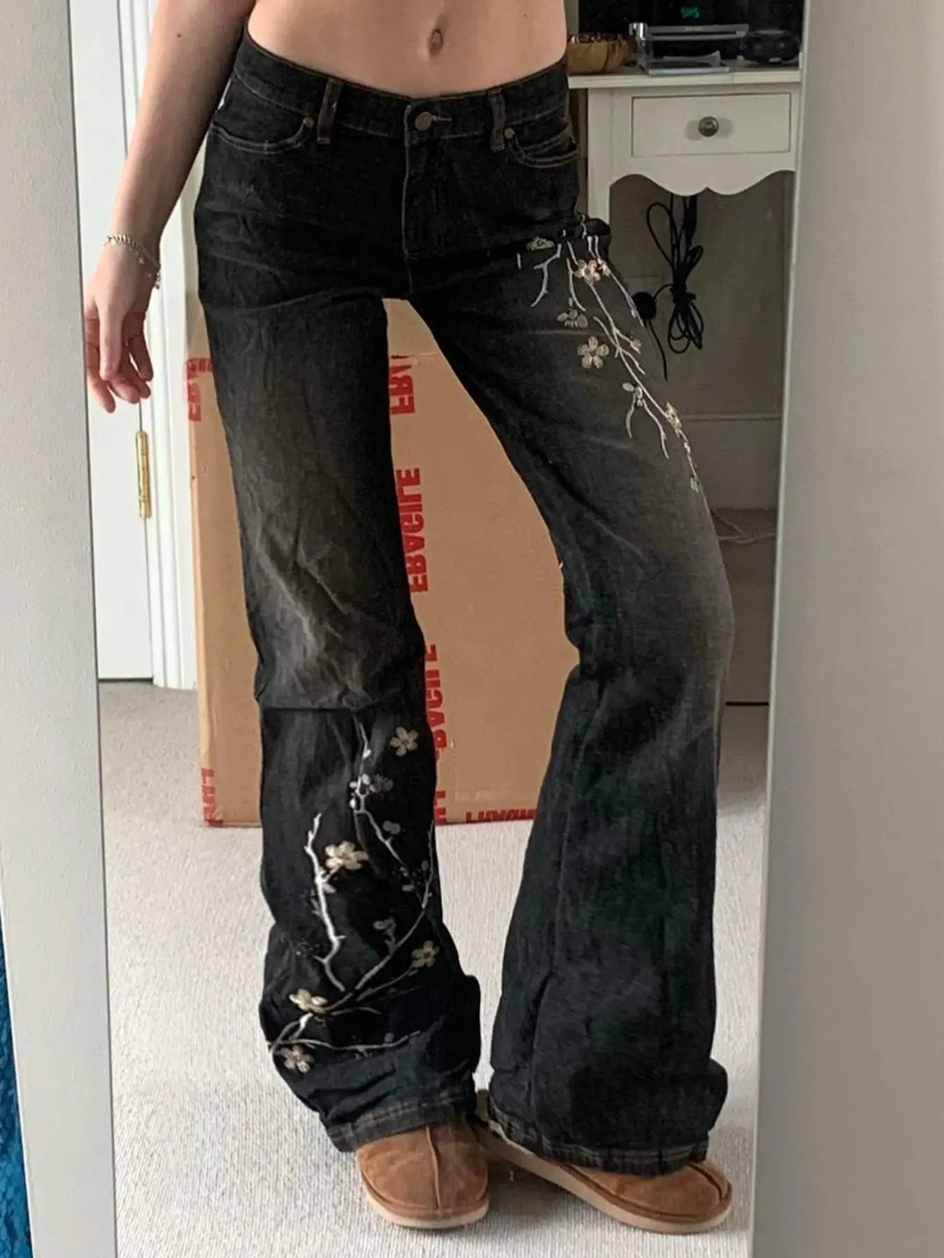 Weekeep Floral Embroidery Jeans Vintage 2000s