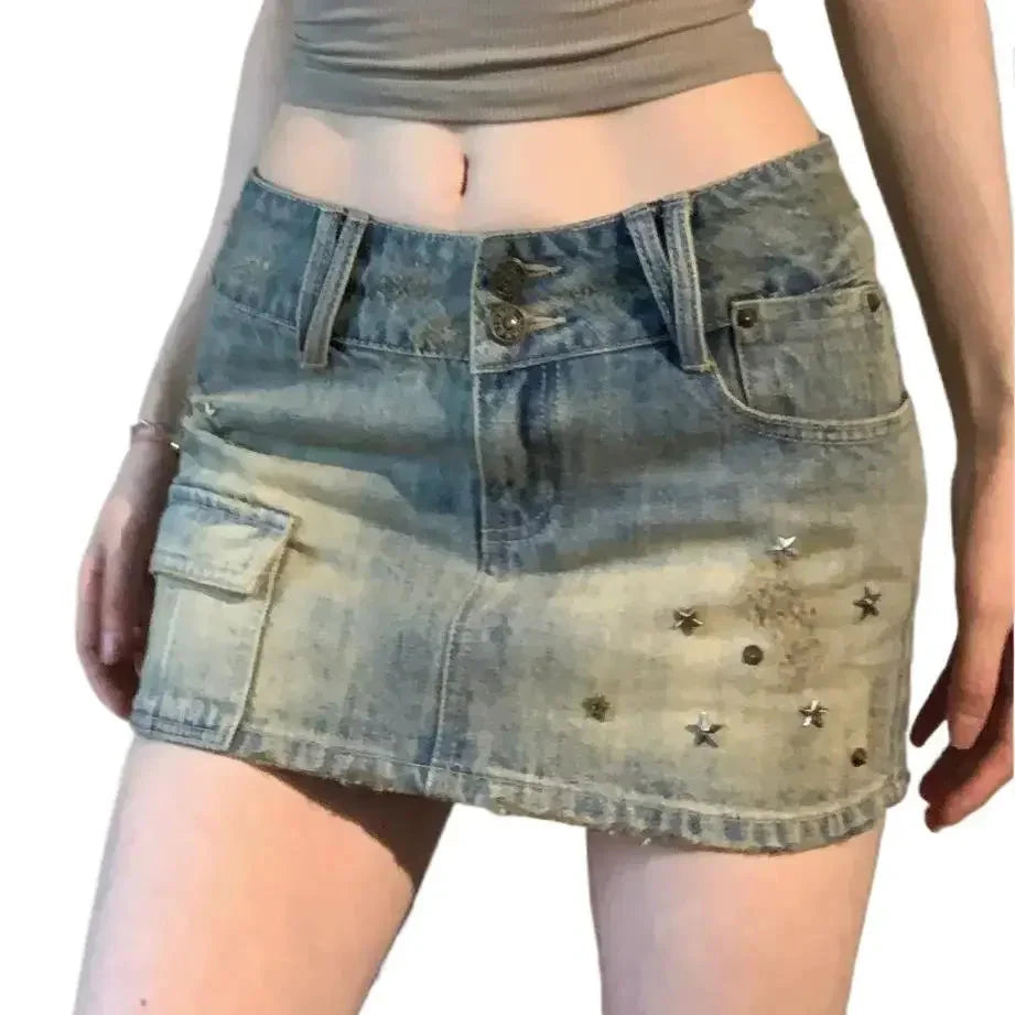 Vintage Star Cropped Studded Denim Mini Dress
