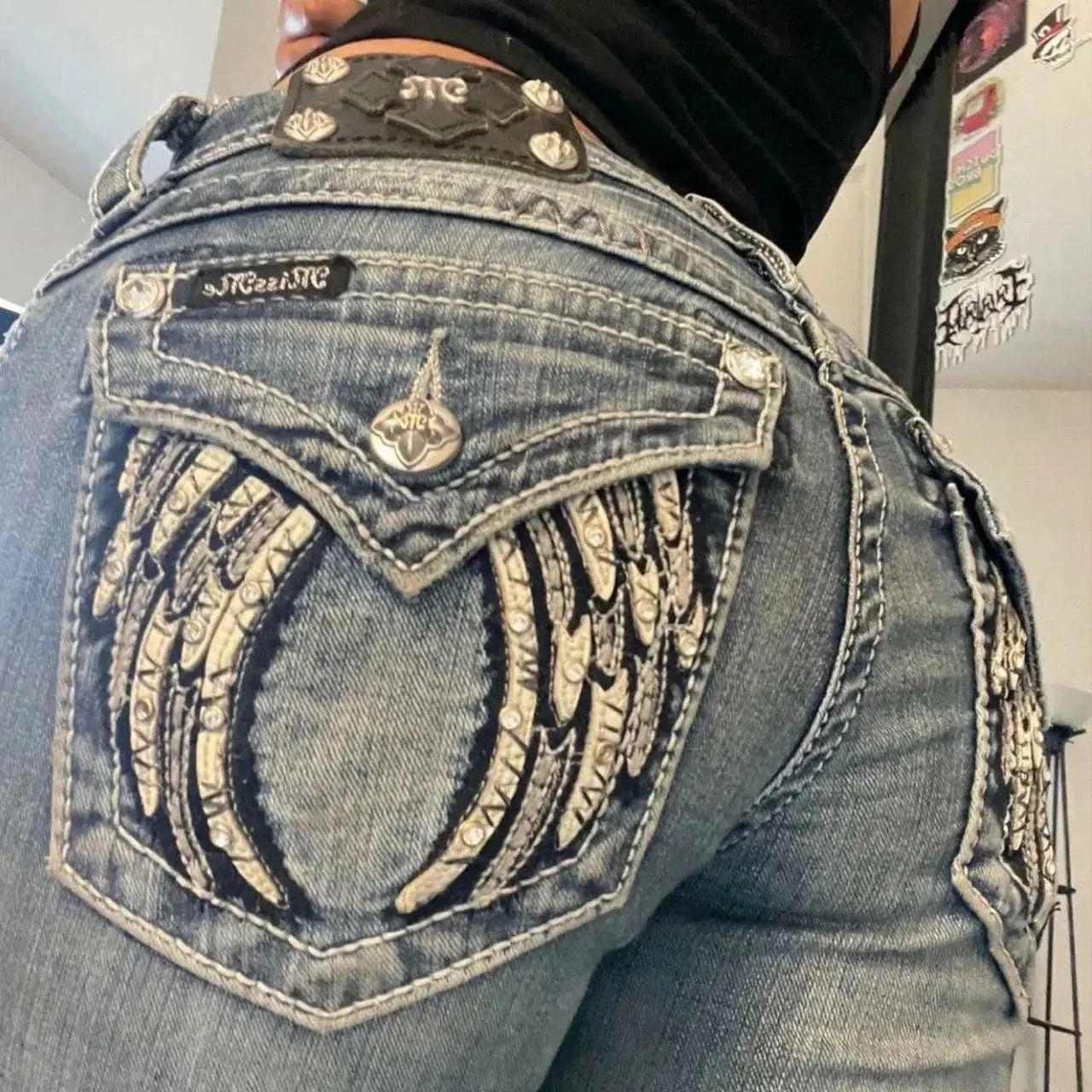 Y2K Embroidery Diamond Jeans Wings