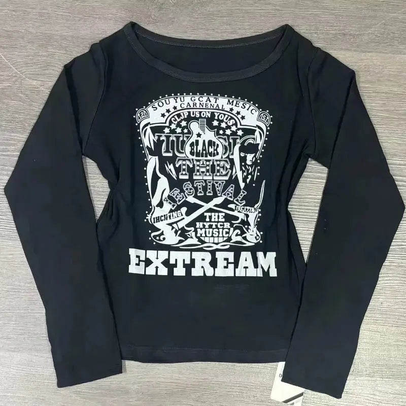 Long Sleeve Print T-Shirts Women Slash Neck