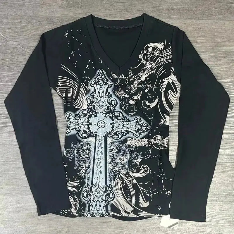 Long Sleeve Print T-Shirts Women Slash Neck