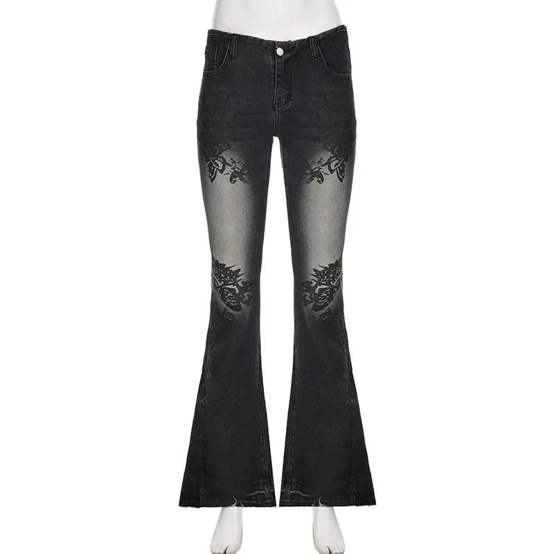 SUCHCUTE Vintage Plant Printed Flared Jeans Y2K