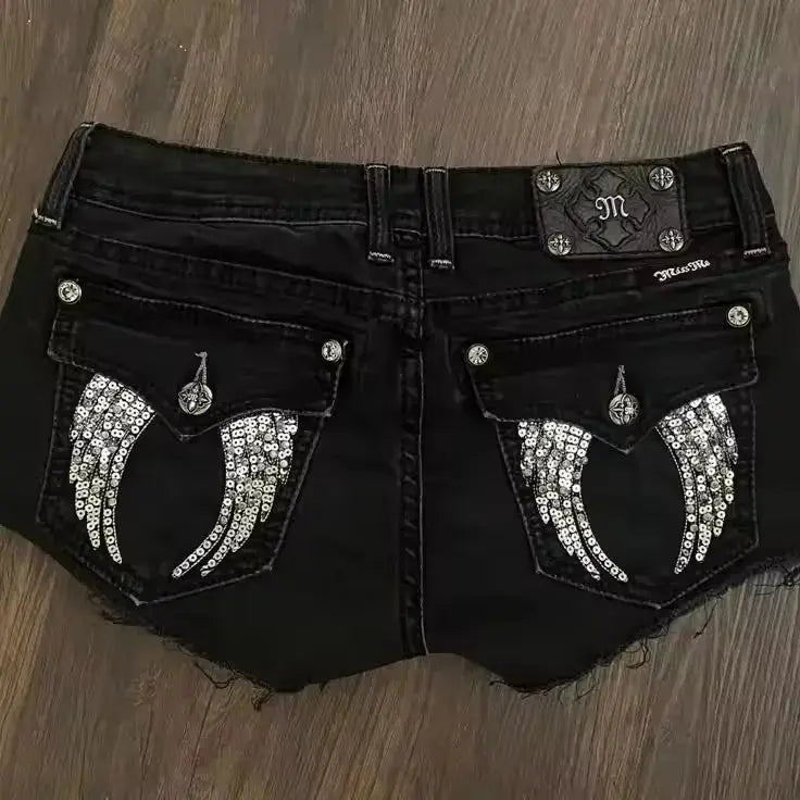 Retro Angel Wing Denim Shorts Y2K