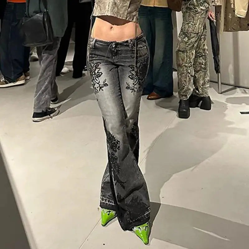 SUCHCUTE Vintage Plant Printed Flared Jeans Y2K