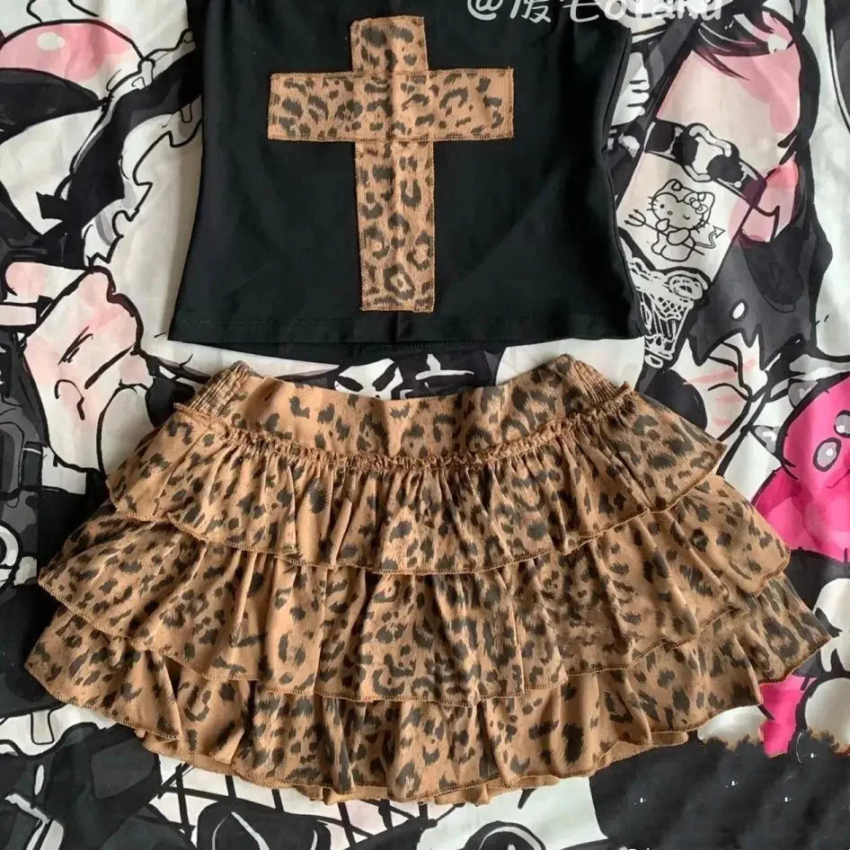 2000s Aesthetic Sexy Leopard Two Piece Set