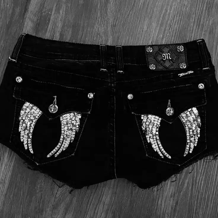 Retro Angel Wing Denim Shorts Y2K