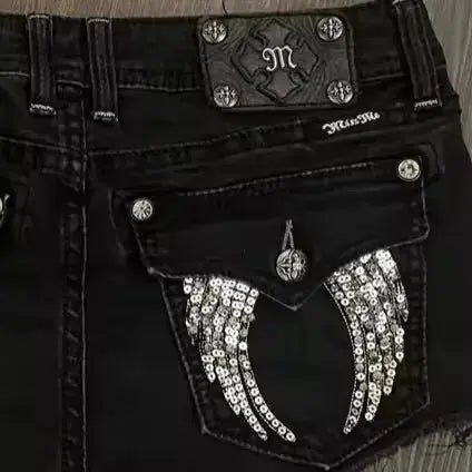 Retro Angel Wing Denim Shorts Y2K