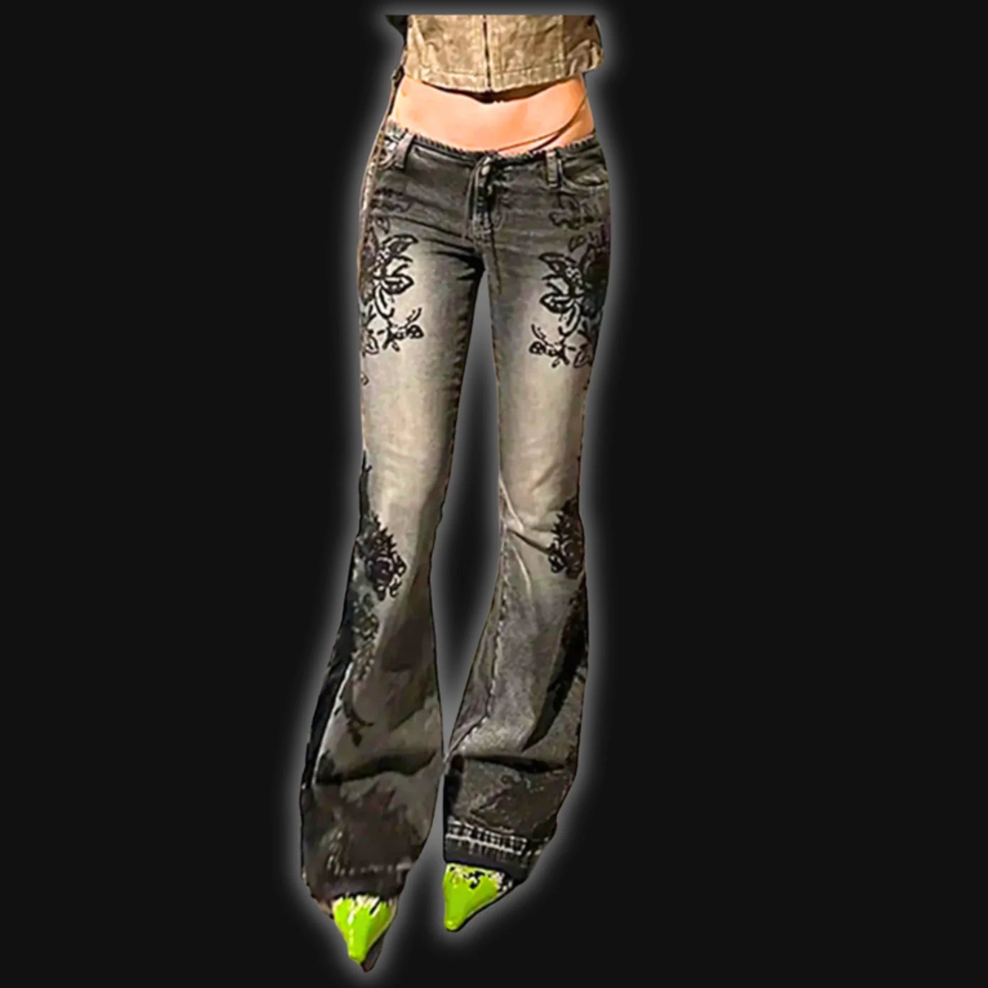 SUCHCUTE Vintage Plant Printed Flared Jeans Y2K