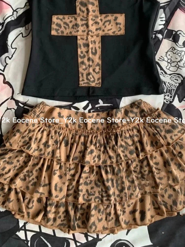 2000s Aesthetic Sexy Leopard Two Piece Set