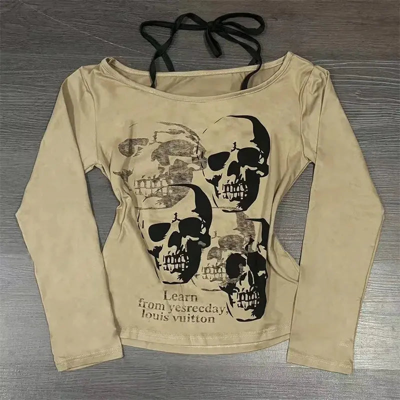 Long Sleeve Print T-Shirts Women Slash Neck