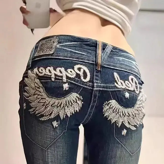Y2K Embroidery Diamond Jeans Wings