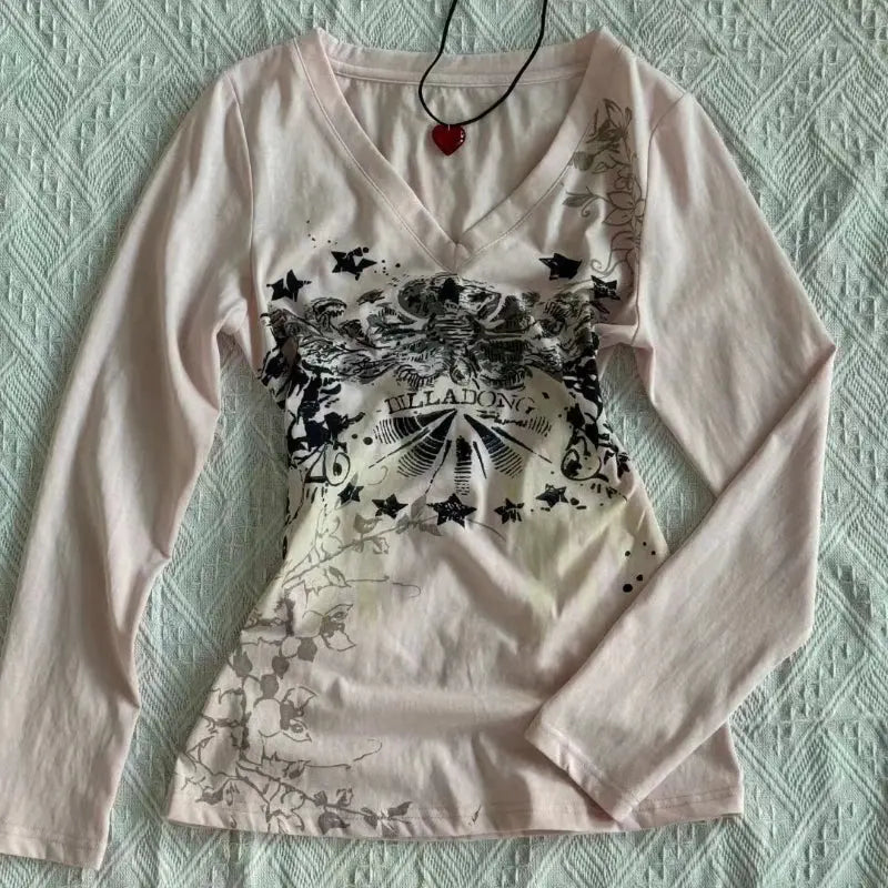 Long Sleeve Print T-Shirts Women Slash Neck