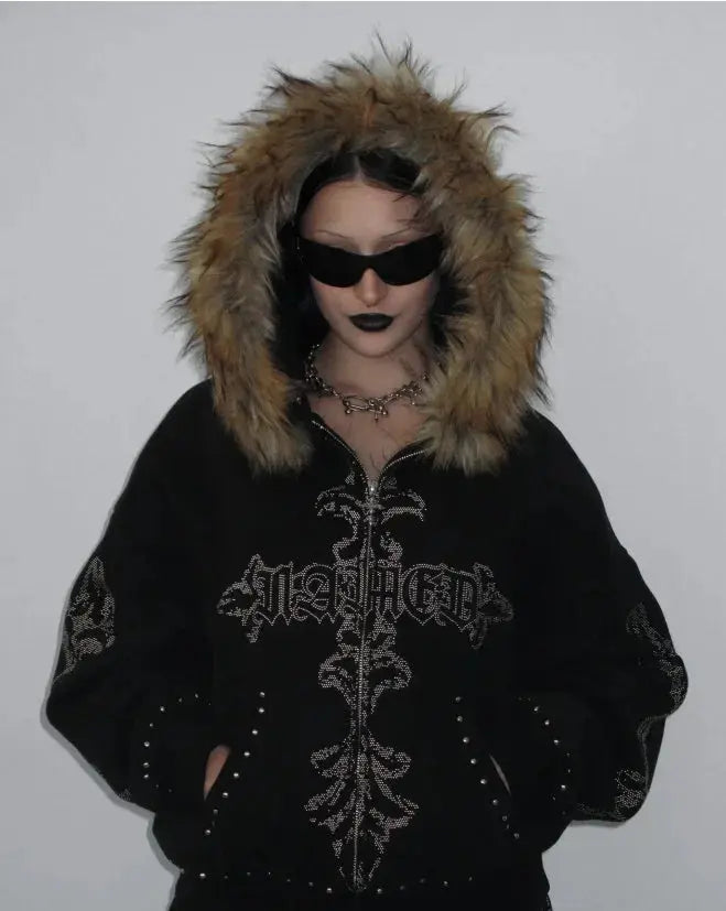 Gothic Cross Pattern Zipper Hoodie