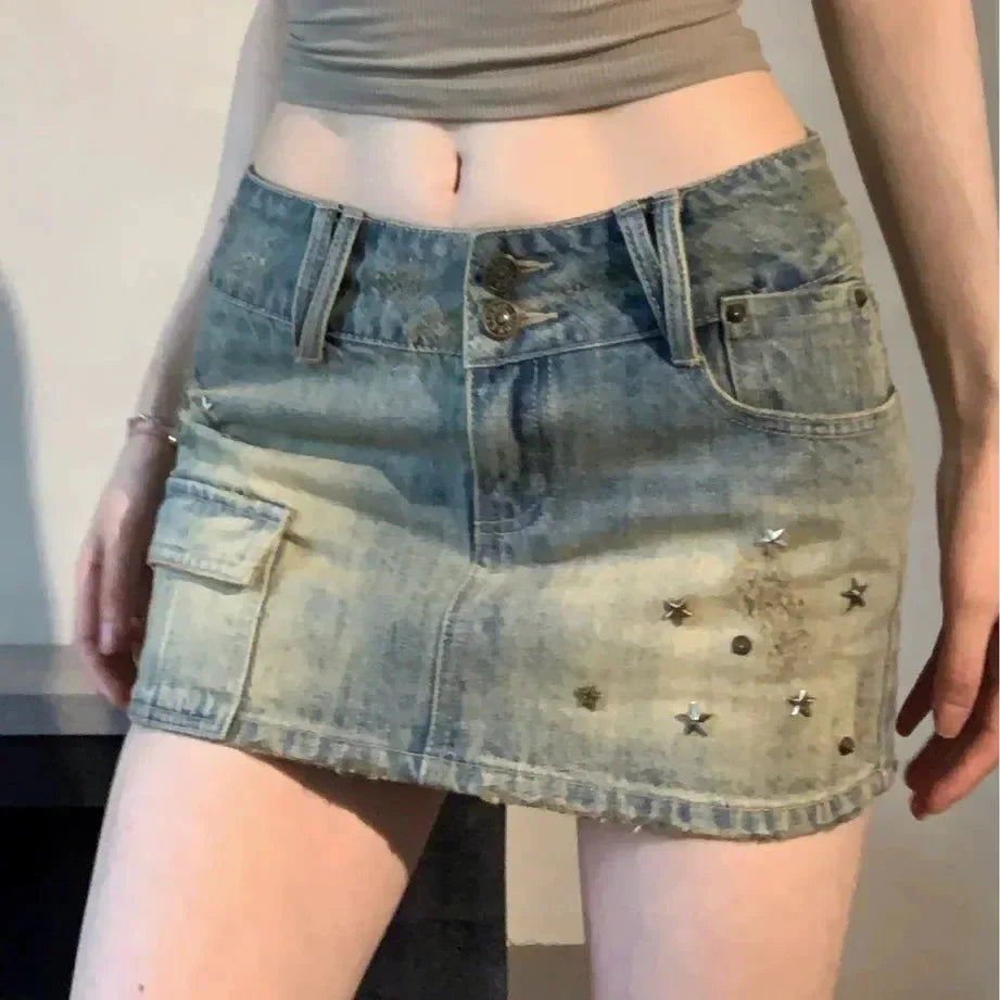 Vintage Star Cropped Studded Denim Mini Dress
